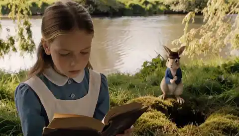 A girl in a blue dress reads beside a river at the start of a full-length run